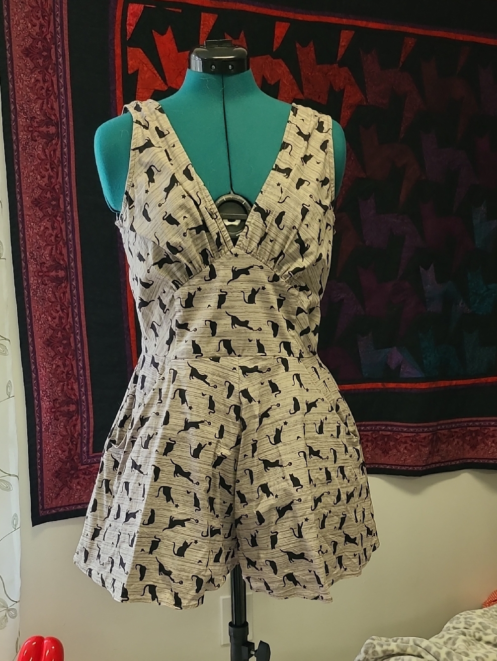 Gray Romper with Black Cat Silhouette Print